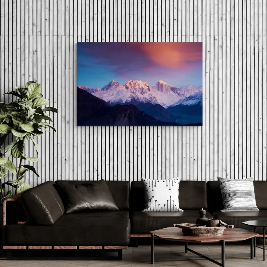 Nature-themed canvas wall art of majestic mountains with snowy peaks, reflecting a serene sunrise against a dramatic pink and blue sky.