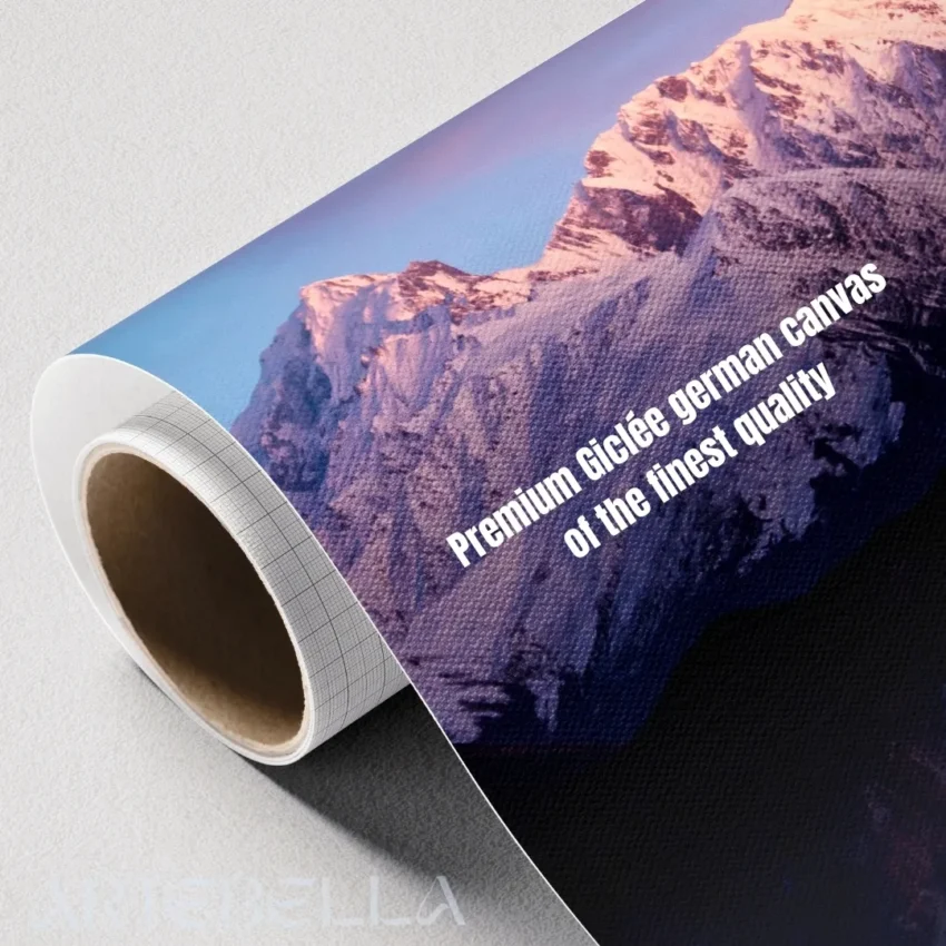 Nature-themed canvas wall art of majestic mountains with snowy peaks, reflecting a serene sunrise against a dramatic pink and blue sky.