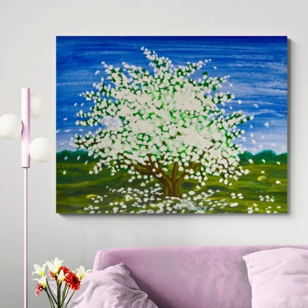 A modern abstract painting titled "Blossoming Beauty" of a vibrant tree in full white blossom against a bright blue sky on a canvas.