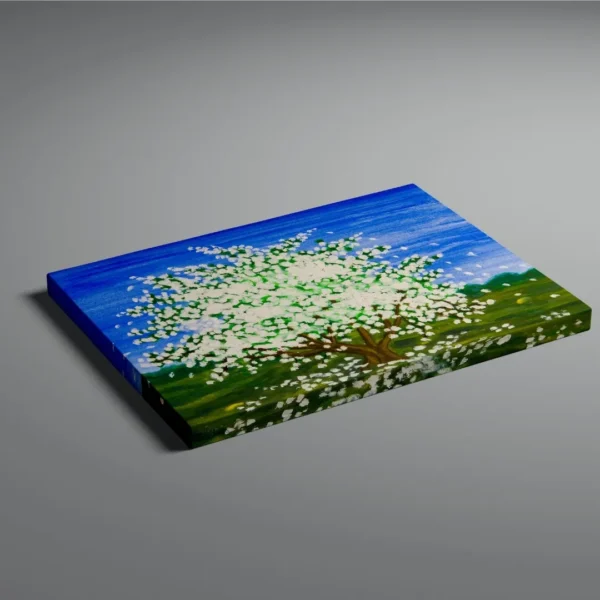 A modern abstract painting titled "Blossoming Beauty" of a vibrant tree in full white blossom against a bright blue sky on a canvas.