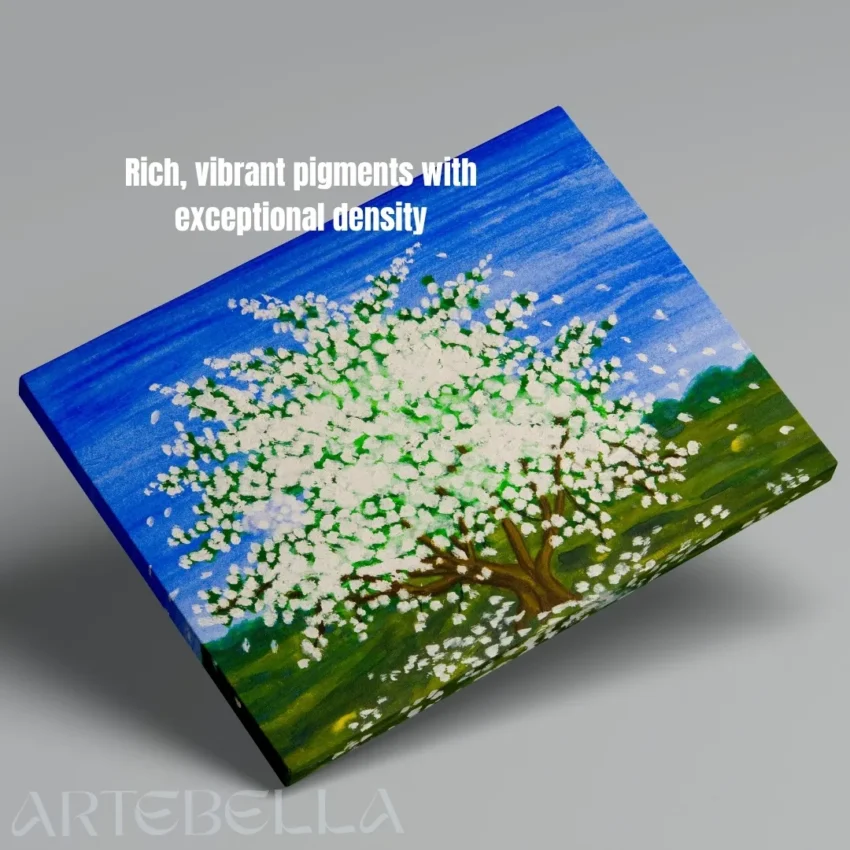 A modern abstract painting titled "Blossoming Beauty" of a vibrant tree in full white blossom against a bright blue sky on a canvas.