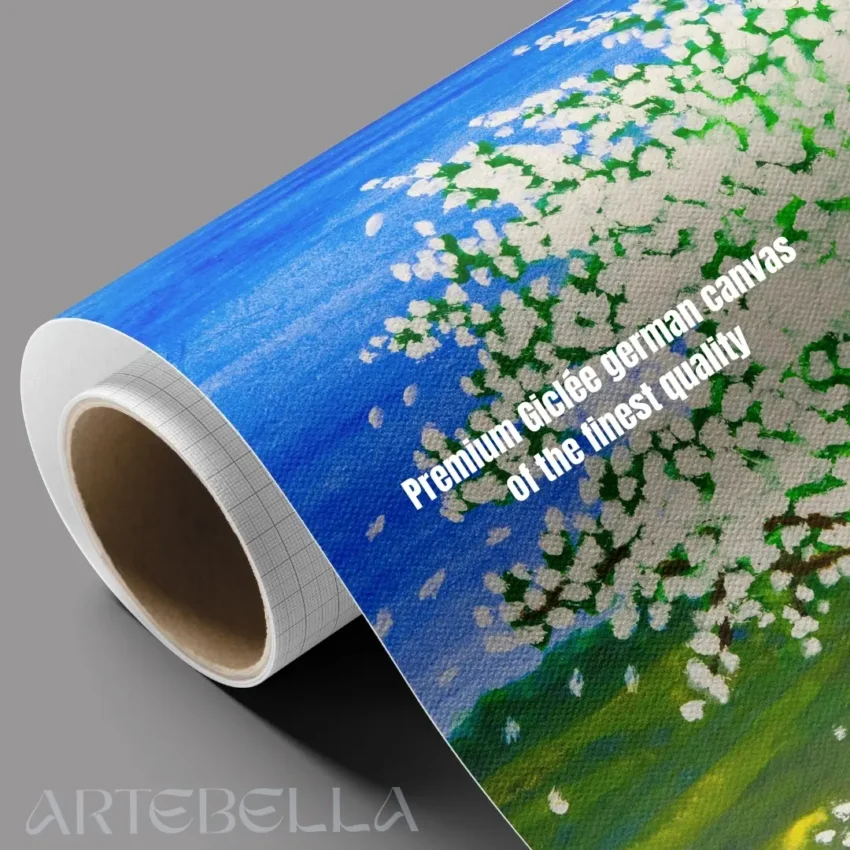 A modern abstract painting titled "Blossoming Beauty" of a vibrant tree in full white blossom against a bright blue sky on a canvas.