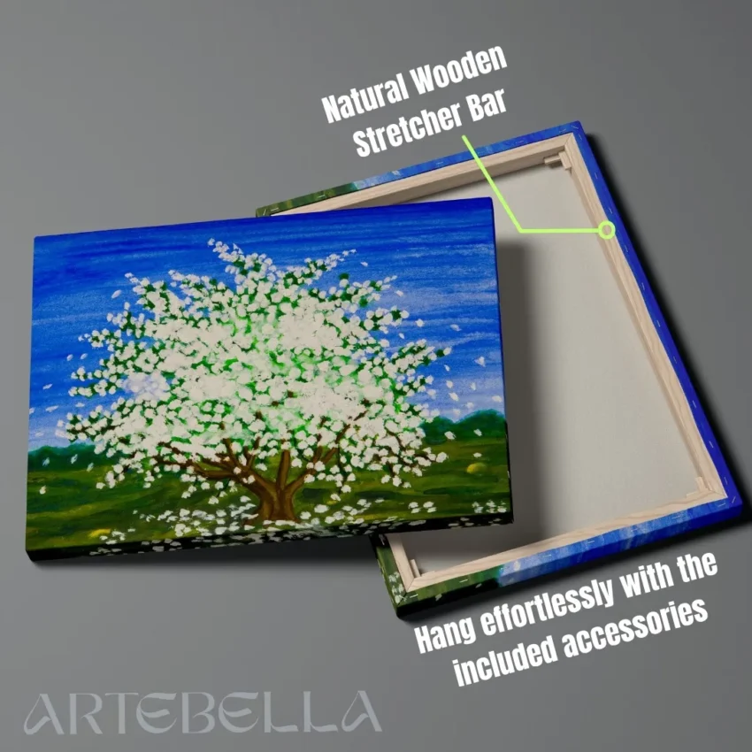 A modern abstract painting titled "Blossoming Beauty" of a vibrant tree in full white blossom against a bright blue sky on a canvas.
