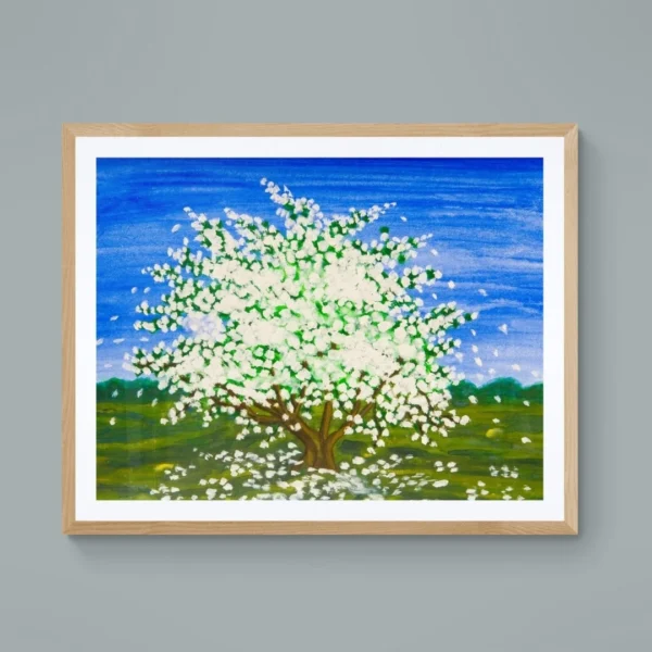 A modern abstract painting titled "Blossoming Beauty" of a vibrant tree in full white blossom against a bright blue sky on a canvas.