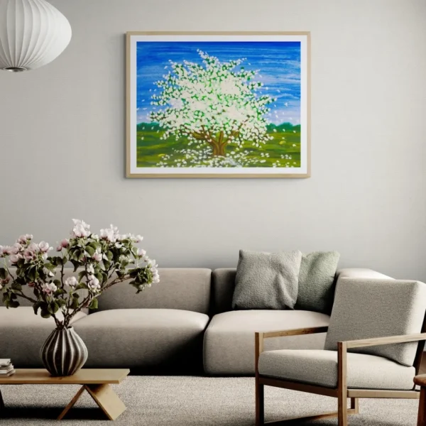 A modern abstract painting titled "Blossoming Beauty" of a vibrant tree in full white blossom against a bright blue sky on a canvas.