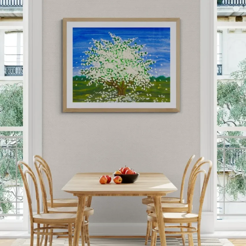 A modern abstract painting titled "Blossoming Beauty" of a vibrant tree in full white blossom against a bright blue sky on a canvas.