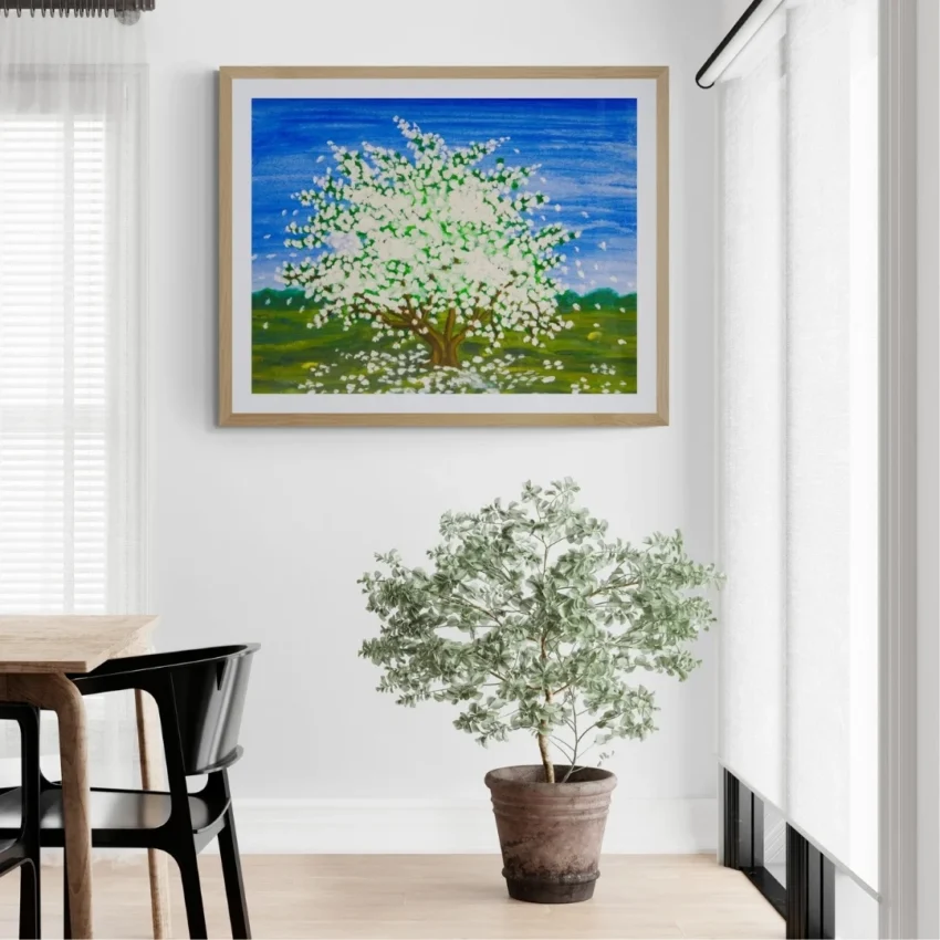 A modern abstract painting titled "Blossoming Beauty" of a vibrant tree in full white blossom against a bright blue sky on a canvas.