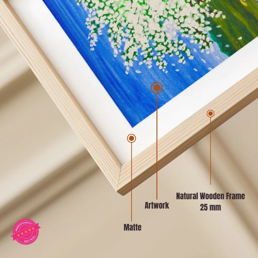 A modern abstract painting titled "Blossoming Beauty" of a vibrant tree in full white blossom against a bright blue sky on a canvas.
