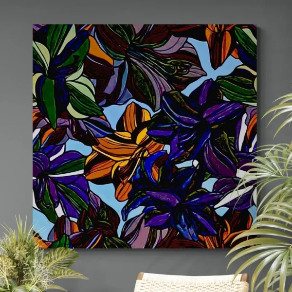 A vibrant, abstract painting of stylized colourful flowers with bold black outlines and a light blue background in a modern wall frame.