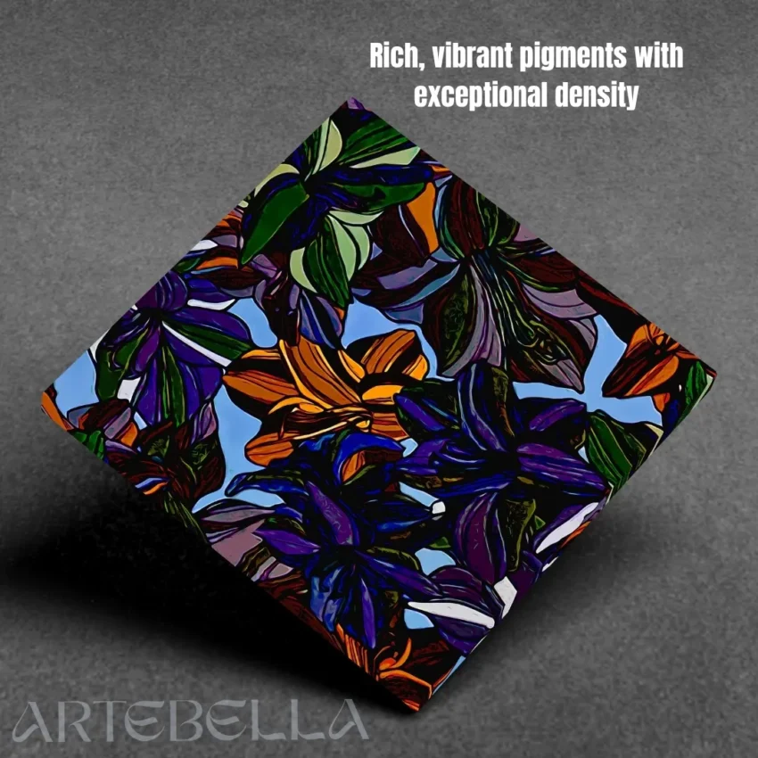 A vibrant, abstract painting of stylized colourful flowers with bold black outlines and a light blue background in a modern wall frame.