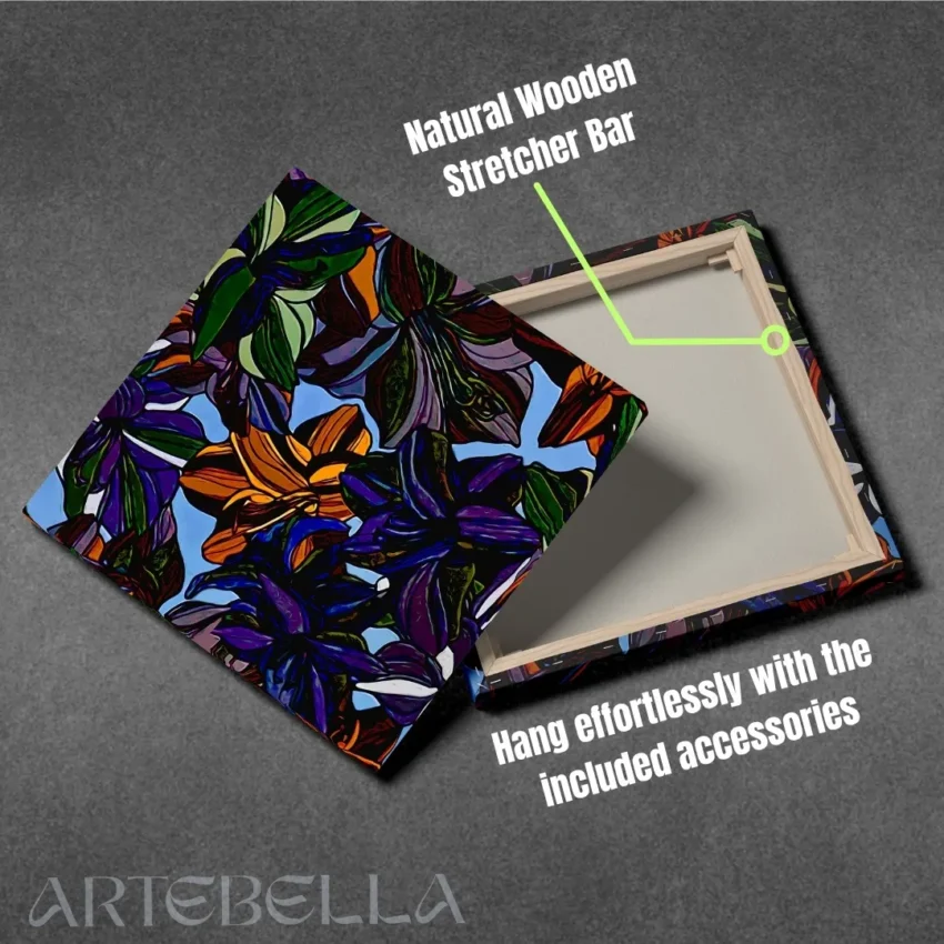 A vibrant, abstract painting of stylized colourful flowers with bold black outlines and a light blue background in a modern wall frame.