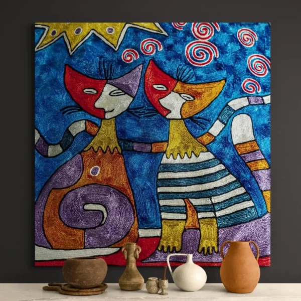 Vibrant abstract cat wall art canvas print featuring two colourful, playful cats, perfect for modern home décor.