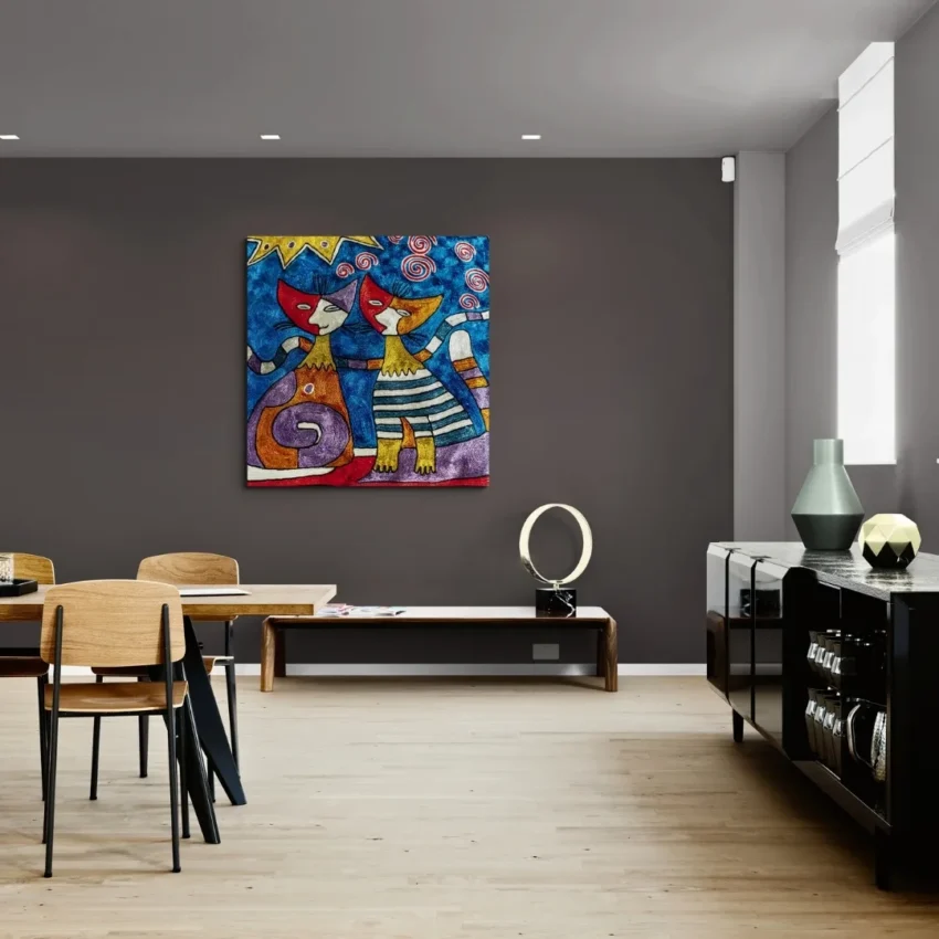 Vibrant abstract cat wall art canvas print featuring two colourful, playful cats, perfect for modern home décor.