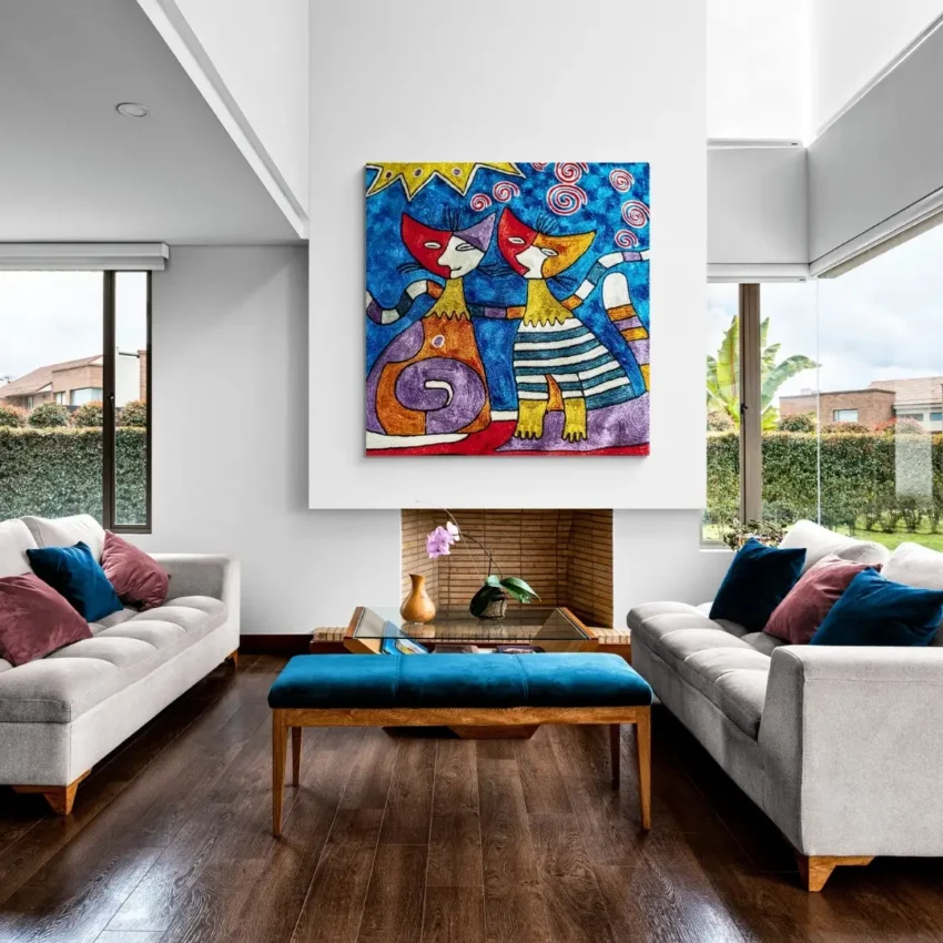 Vibrant abstract cat wall art canvas print featuring two colourful, playful cats, perfect for modern home décor.