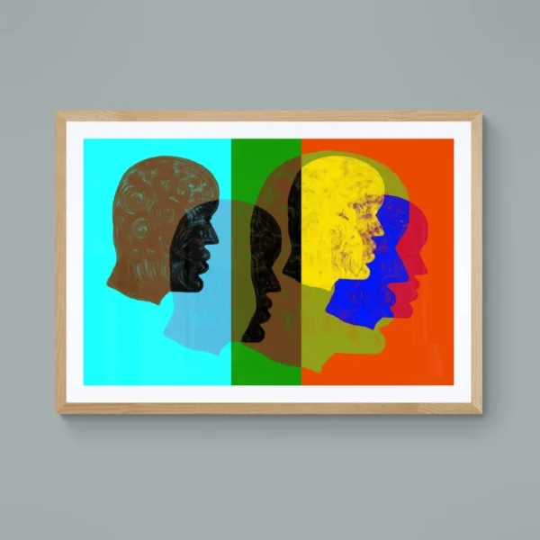 A framed abstract painting titled "A Colourful Mind" featuring multiple overlapping, multi-coloured head profiles framed wall art.