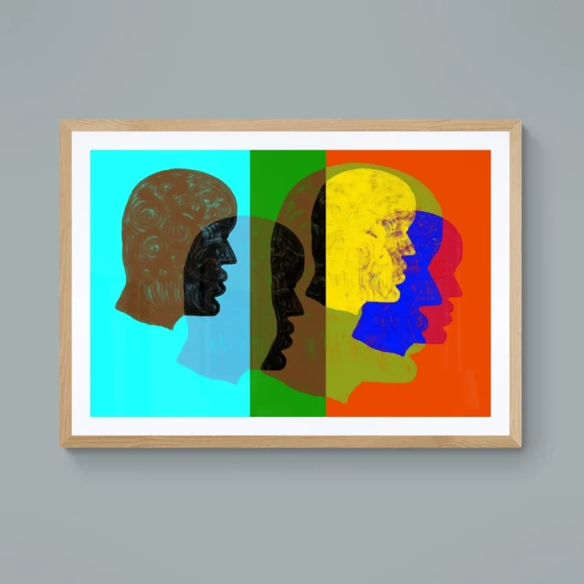 A framed abstract painting titled "A Colourful Mind" featuring multiple overlapping, multi-coloured head profiles framed wall art.