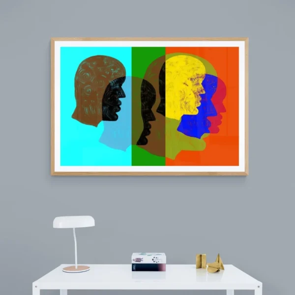 A framed abstract painting titled "A Colourful Mind" featuring multiple overlapping, multi-coloured head profiles framed wall art.