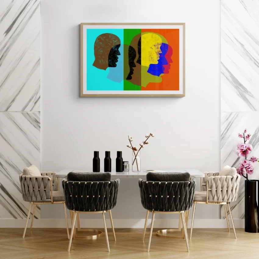 A framed abstract painting titled "A Colourful Mind" featuring multiple overlapping, multi-coloured head profiles framed wall art.
