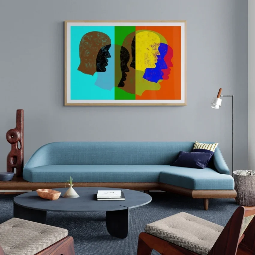 A framed abstract painting titled "A Colourful Mind" featuring multiple overlapping, multi-coloured head profiles framed wall art.