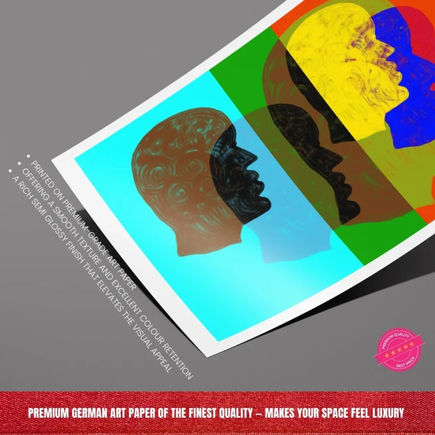 A framed abstract painting titled "A Colourful Mind" featuring multiple overlapping, multi-coloured head profiles framed wall art.