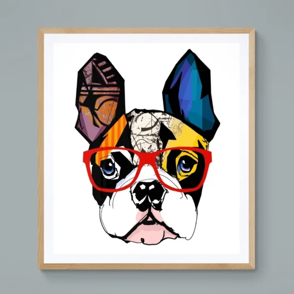 A minimalist boho portrait of a French bulldog wearing bold red glasses, featuring geometric patterns and bright colours.