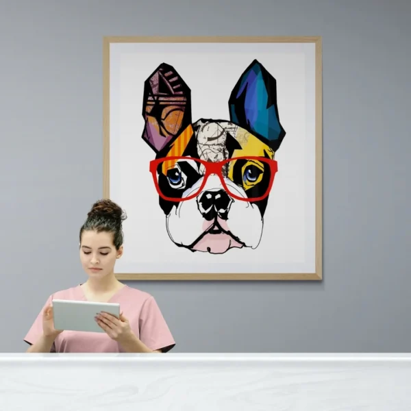 A minimalist boho portrait of a French bulldog wearing bold red glasses, featuring geometric patterns and bright colours.