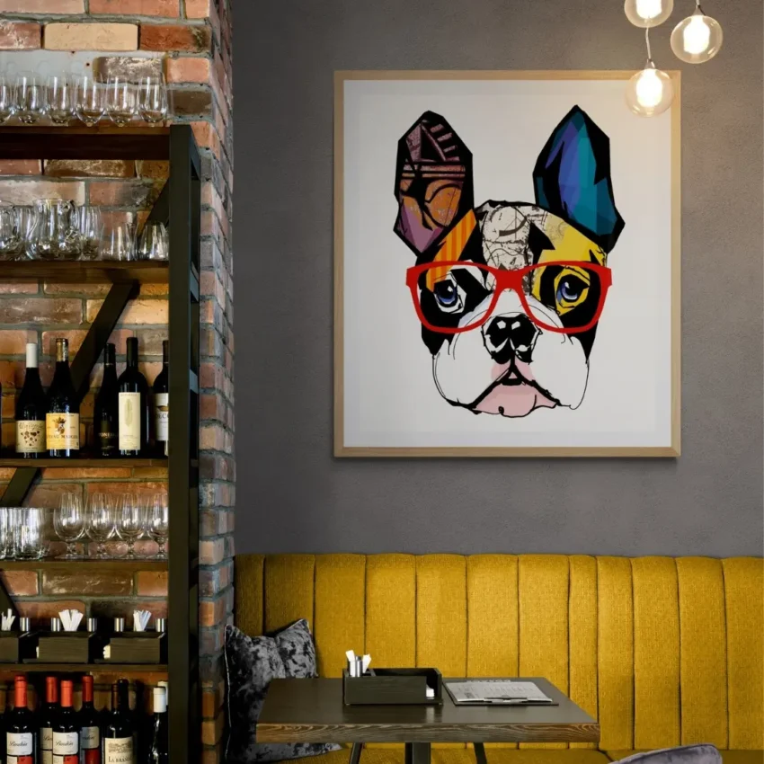 A minimalist boho portrait of a French bulldog wearing bold red glasses, featuring geometric patterns and bright colours.