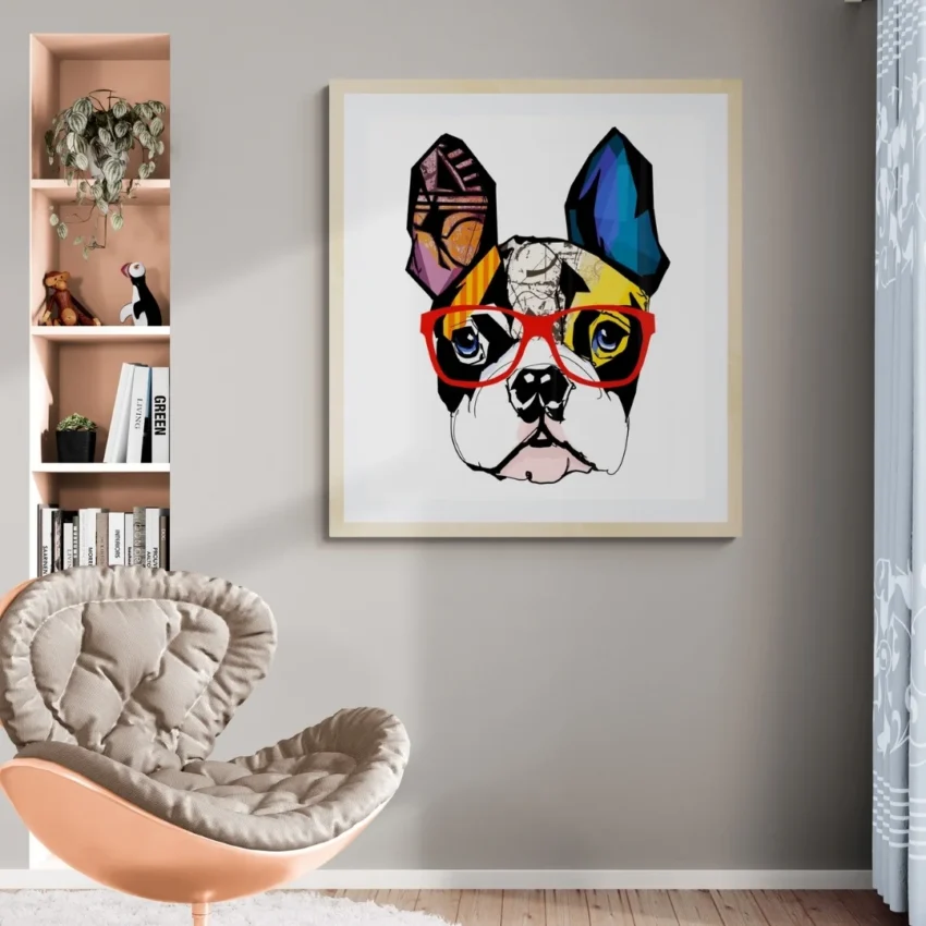 A minimalist boho portrait of a French bulldog wearing bold red glasses, featuring geometric patterns and bright colours.