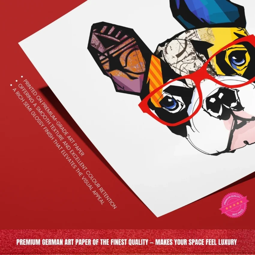 A minimalist boho portrait of a French bulldog wearing bold red glasses, featuring geometric patterns and bright colours.