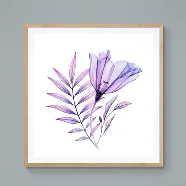 A framed print titled "A Gentle Whisper of Spring" showing a translucent purple flower with delicate leaves on a white background