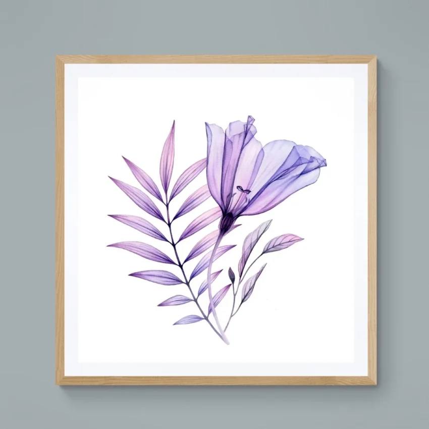 A framed print titled "A Gentle Whisper of Spring" showing a translucent purple flower with delicate leaves on a white background