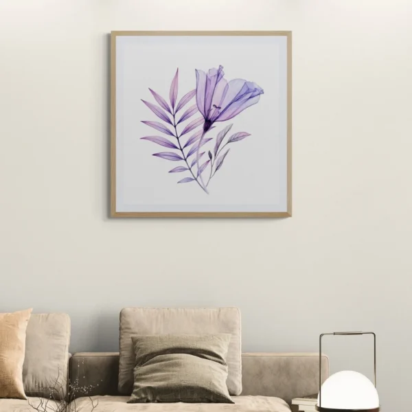A framed print titled "A Gentle Whisper of Spring" showing a translucent purple flower with delicate leaves on a white background