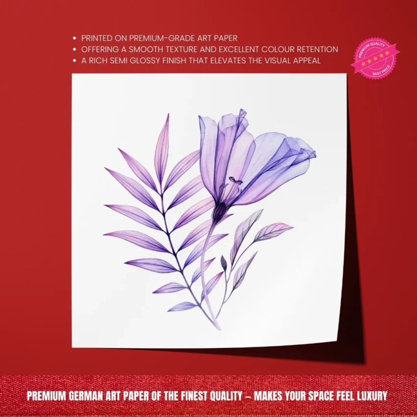 A framed print titled "A Gentle Whisper of Spring" showing a translucent purple flower with delicate leaves on a white background