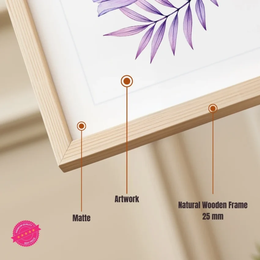 A framed print titled "A Gentle Whisper of Spring" showing a translucent purple flower with delicate leaves on a white background