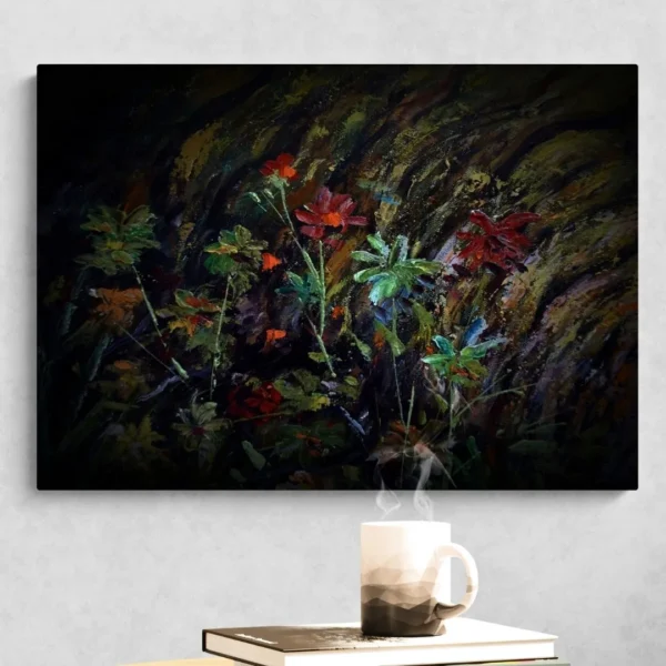 An abstract painting titled "Glow of Moonlit Blooms" featuring delicate, shadowy, glowing red and green flowers against a deep, dark mysterious background.