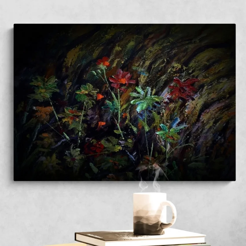 An abstract painting titled "Glow of Moonlit Blooms" featuring delicate, shadowy, glowing red and green flowers against a deep, dark mysterious background.