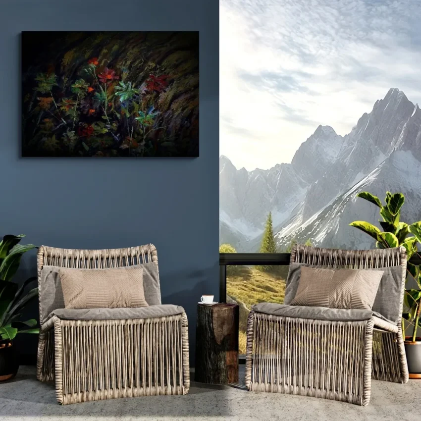 An abstract painting titled "Glow of Moonlit Blooms" featuring delicate, shadowy, glowing red and green flowers against a deep, dark mysterious background.