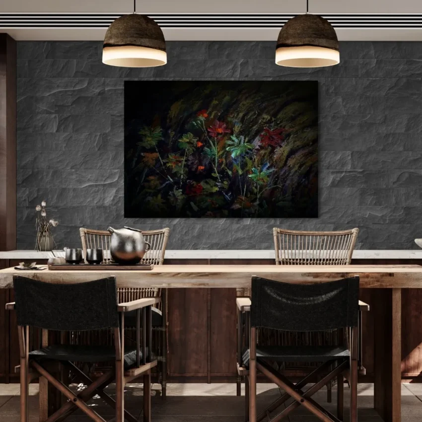 An abstract painting titled "Glow of Moonlit Blooms" featuring delicate, shadowy, glowing red and green flowers against a deep, dark mysterious background.