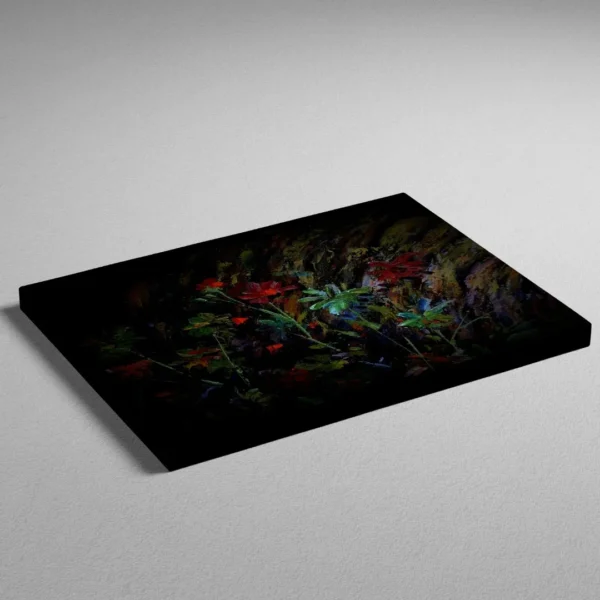 An abstract painting titled "Glow of Moonlit Blooms" featuring delicate, shadowy, glowing red and green flowers against a deep, dark mysterious background.