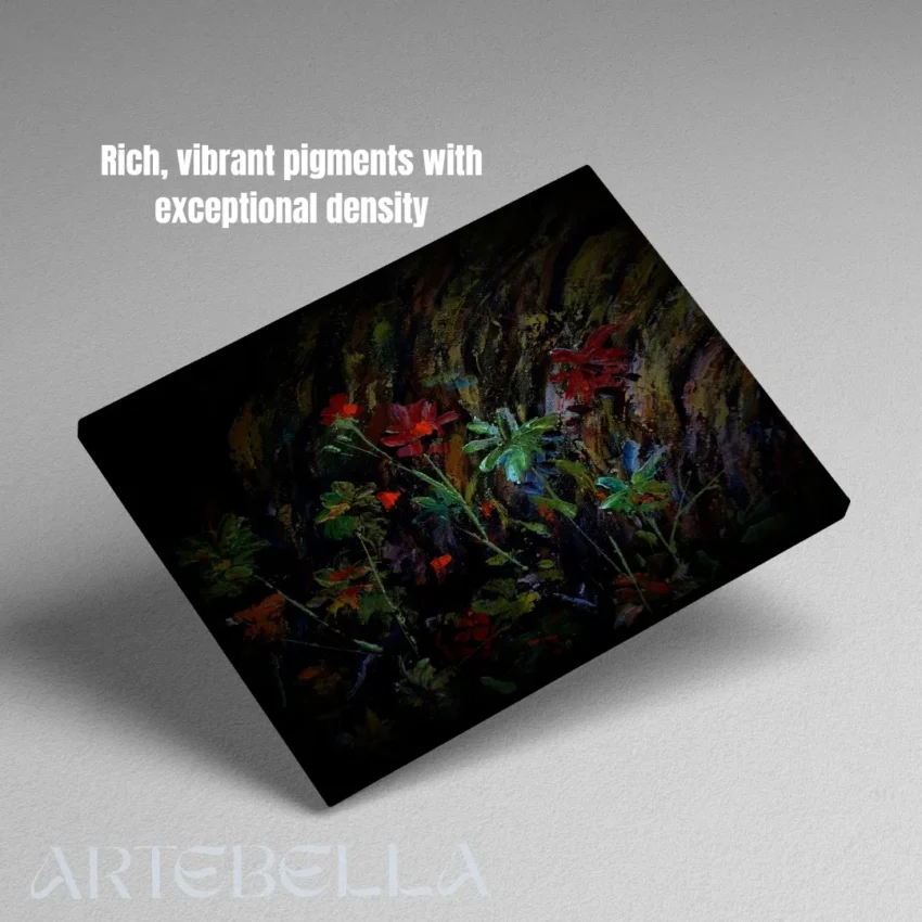 An abstract painting titled "Glow of Moonlit Blooms" featuring delicate, shadowy, glowing red and green flowers against a deep, dark mysterious background.