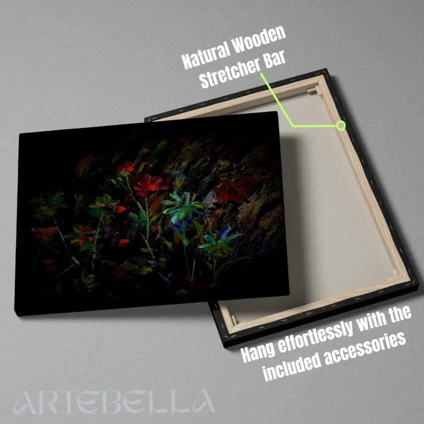 An abstract painting titled "Glow of Moonlit Blooms" featuring delicate, shadowy, glowing red and green flowers against a deep, dark mysterious background.