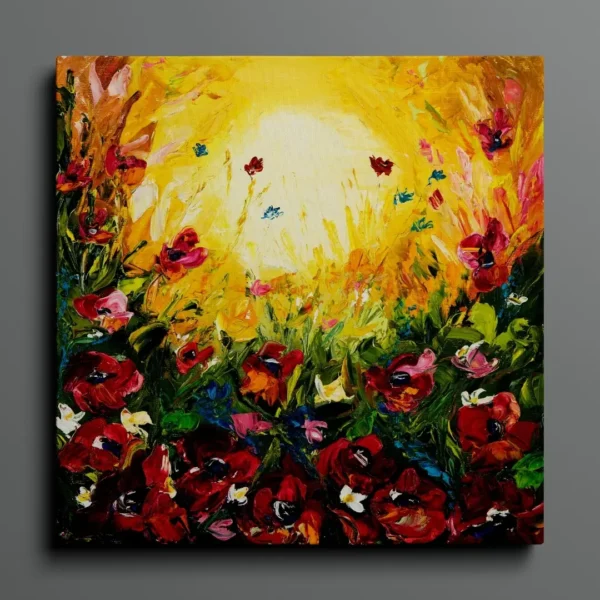 Modern abstract art showing a field of flowers with red poppies and a yellow sun with glowing golden sky, titled "Golden Bliss" and displayed in a living room.