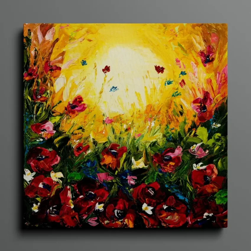 Modern abstract art showing a field of flowers with red poppies and a yellow sun with glowing golden sky, titled "Golden Bliss" and displayed in a living room.