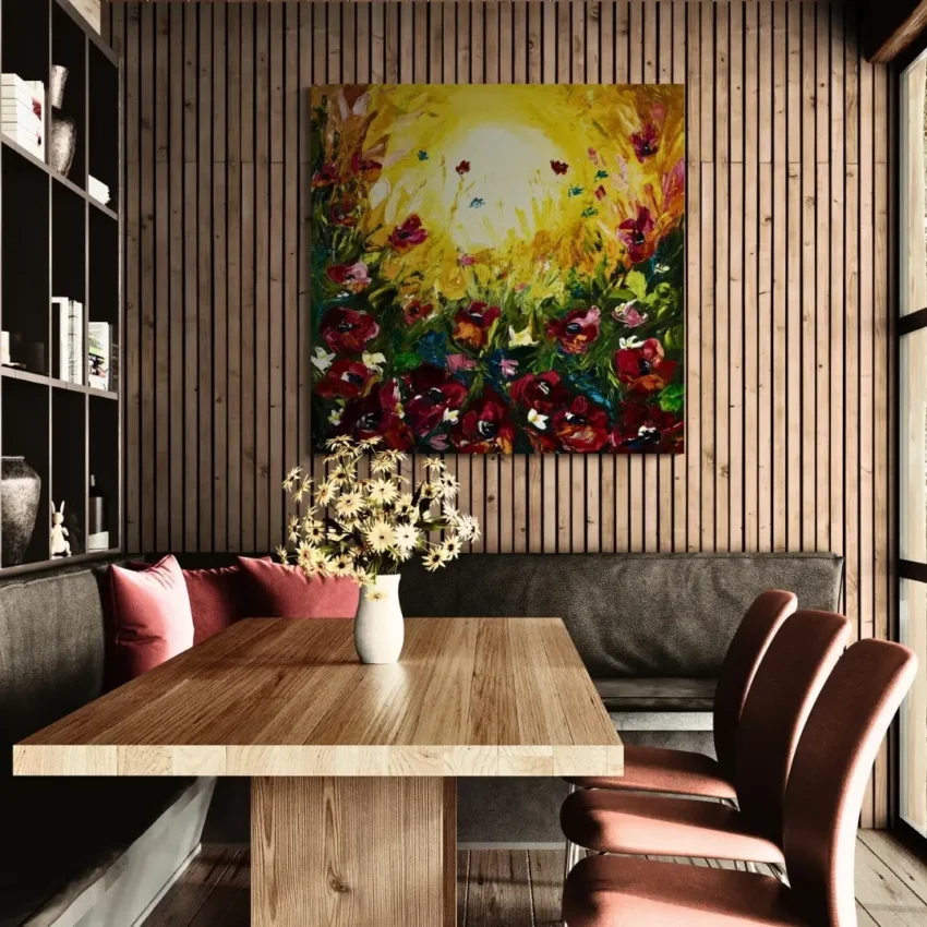 Modern abstract art showing a field of flowers with red poppies and a yellow sun with glowing golden sky, titled "Golden Bliss" and displayed in a living room.