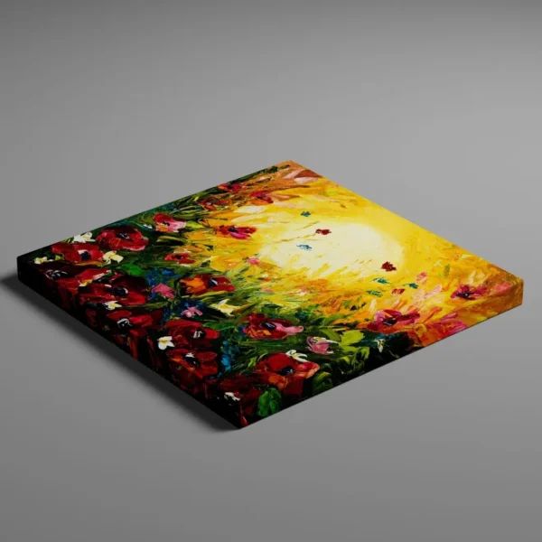 Modern abstract art showing a field of flowers with red poppies and a yellow sun with glowing golden sky, titled "Golden Bliss" and displayed in a living room.