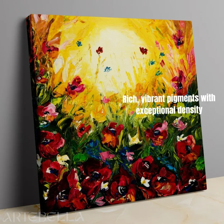 Modern abstract art showing a field of flowers with red poppies and a yellow sun with glowing golden sky, titled "Golden Bliss" and displayed in a living room.