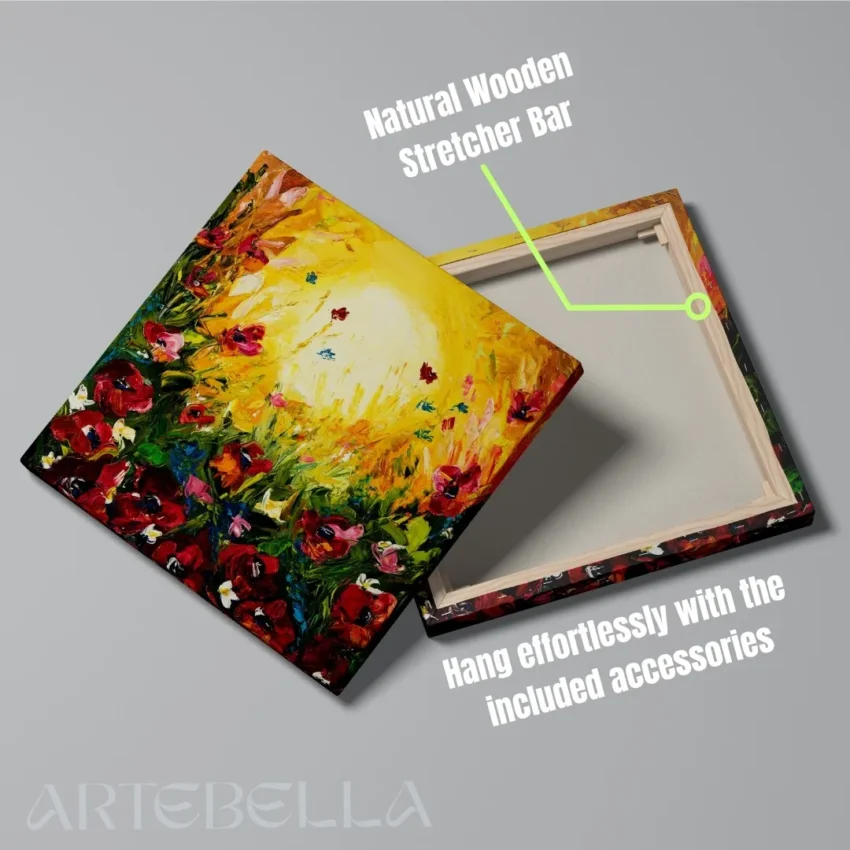 Modern abstract art showing a field of flowers with red poppies and a yellow sun with glowing golden sky, titled "Golden Bliss" and displayed in a living room.