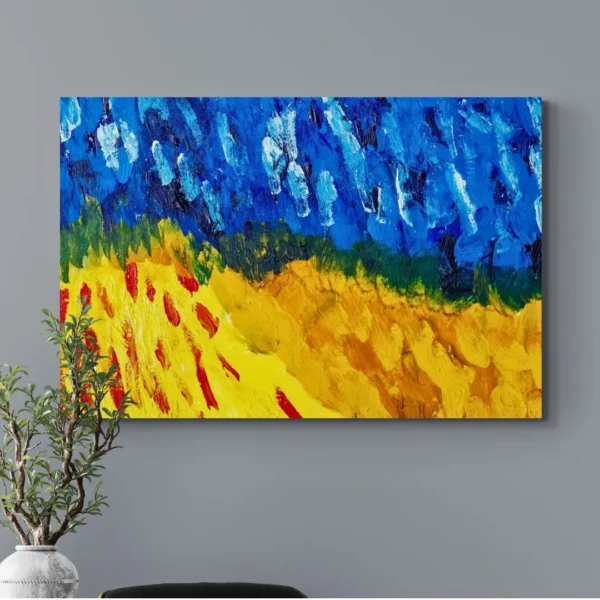 Modern abstract painting canvas wall art with blue and gold abstract shapes, creating a dynamic and expressive visual.