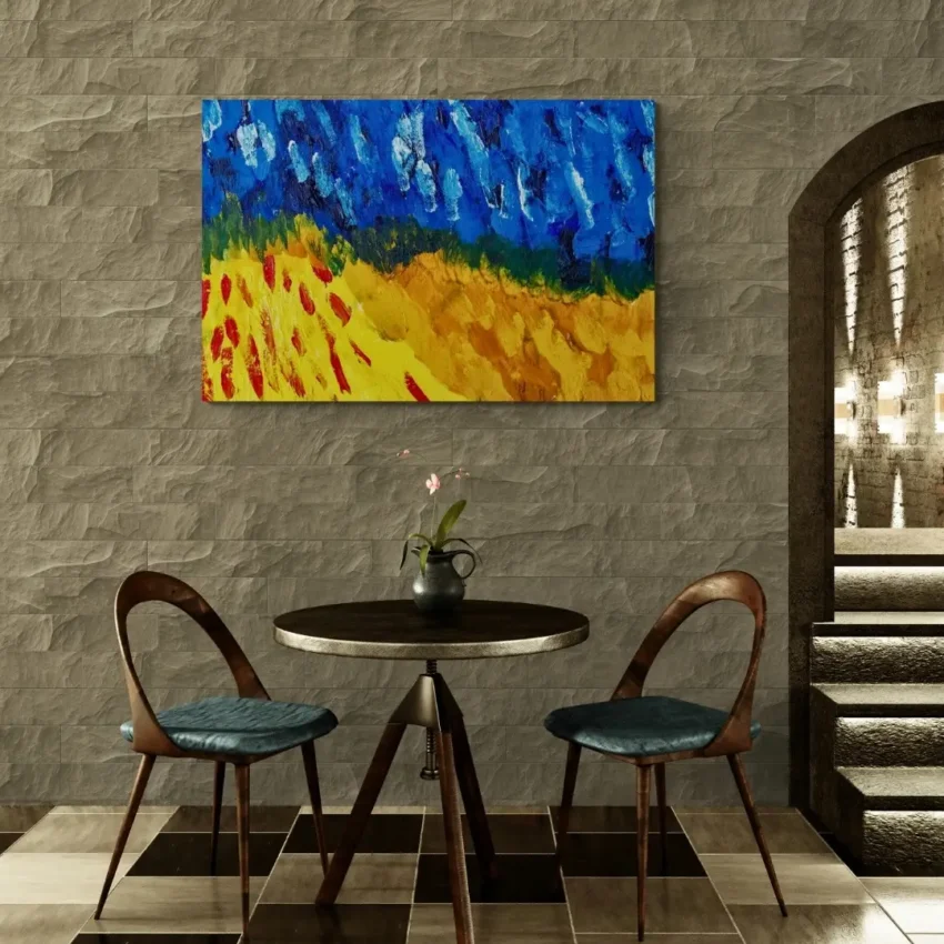 Modern abstract painting canvas wall art with blue and gold abstract shapes, creating a dynamic and expressive visual.