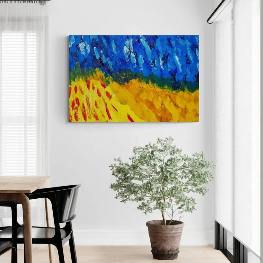 Modern abstract painting canvas wall art with blue and gold abstract shapes, creating a dynamic and expressive visual.